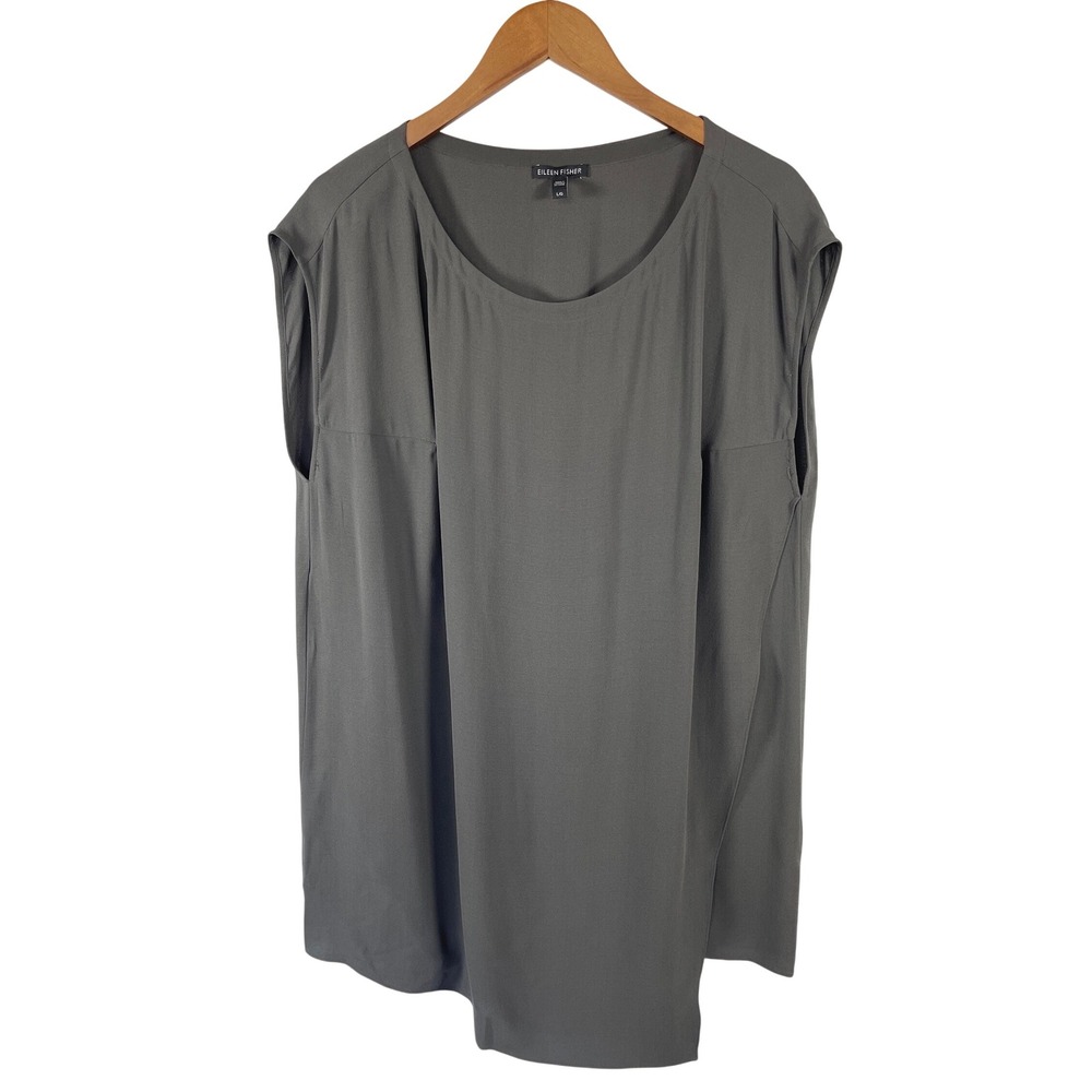 Eileen Fisher Layered Silk Georgette Tunic Top L Gray Minimalist Quiet Luxury